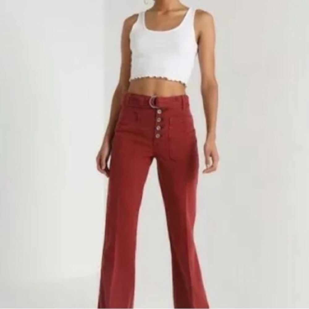 FREE PEOPLE Button Fly Flared belted high waisted brick red pants size 0